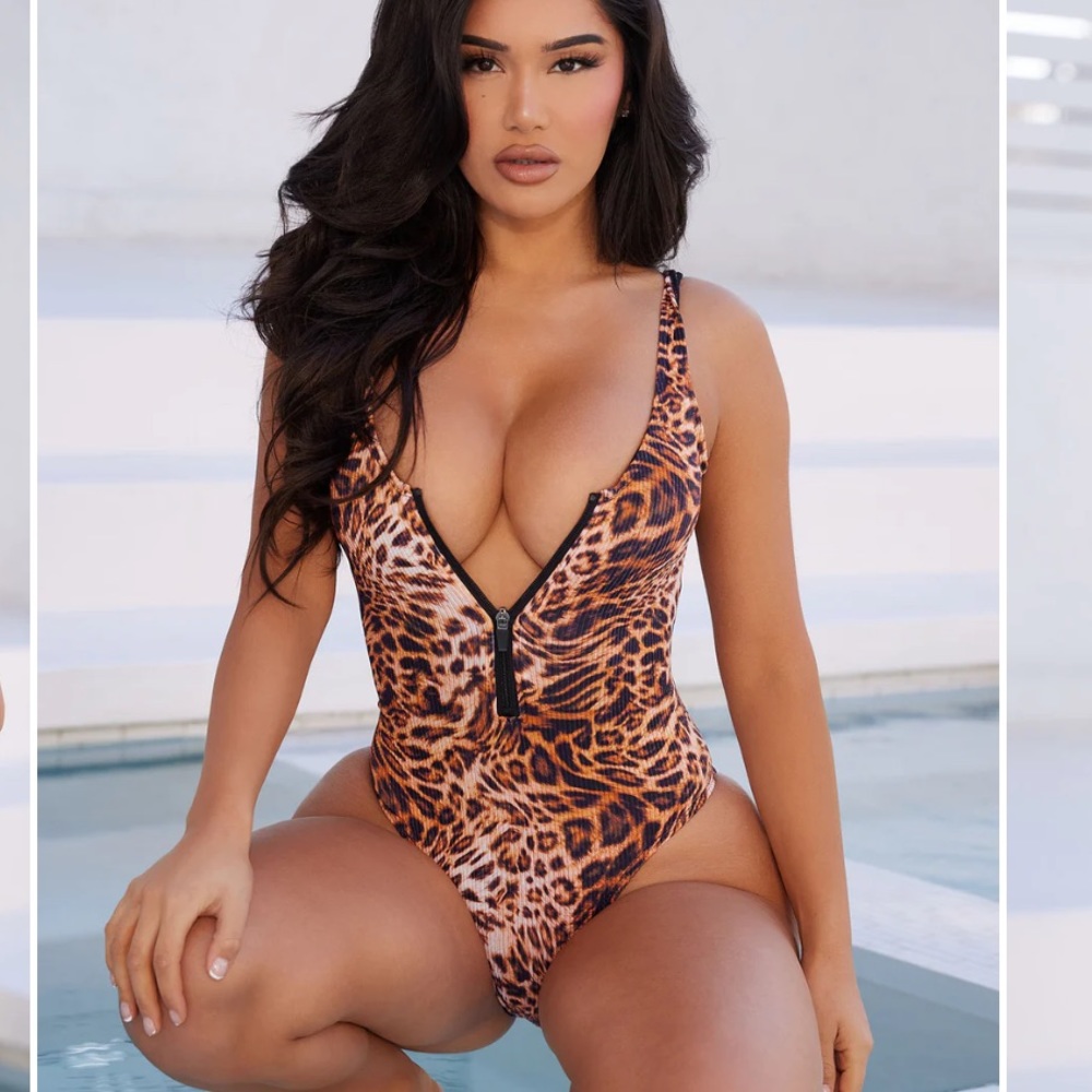 Fashion Nova Sandy Dreams Zip Up 1 Piece Swimsuit - Brown/combo